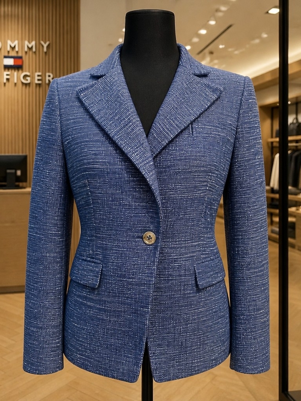 Tommy Hilfiger Womens Blue Tweed Gold Button 100% Cotton Lined Blazer Jacket 4